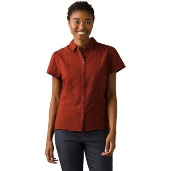 Prana Katya Short Sleeve Top Womens Medium Rhubarb Standard Button Down NWT - Picture 2 of 4